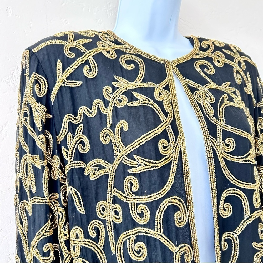 LORD AND TAYLOR Vintage Silk Gold Beaded Dress Jacket Size 10 Mob Wife - Picture 4 of 11